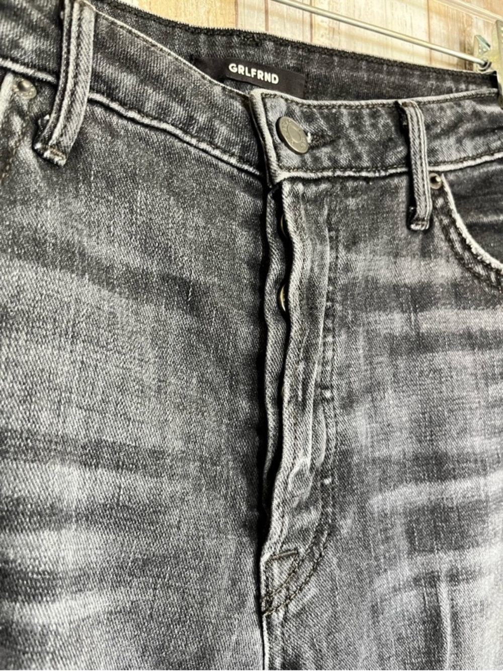 GRLFRND Kiara Mid Rise Straight Jeans Get Lost Wash Black Distressed Raw Hem 27 - Picture 5 of 8